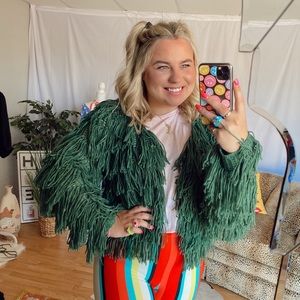 green fringe cropped tassel jacket